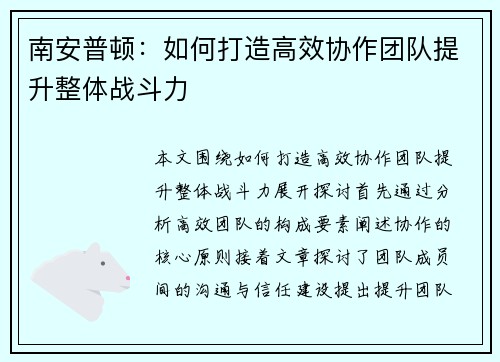 南安普顿：如何打造高效协作团队提升整体战斗力